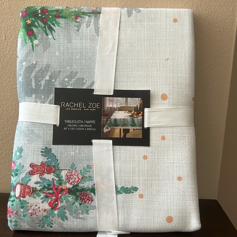 Rachel Zoe Tablecloth Christmas Trees  Oblong New 60”x120” Snow Shimmery